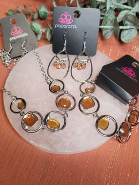 paparazzi Silver-Tone Necklace, Bracelet, & Earrings with Amber Stones